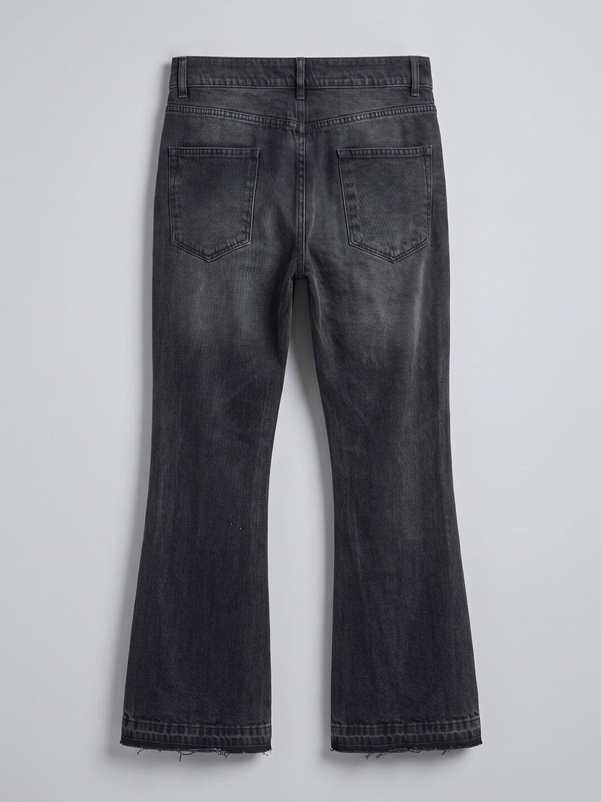 Black Washed Flared Raw Edge Denim Jeans Fugazee 
