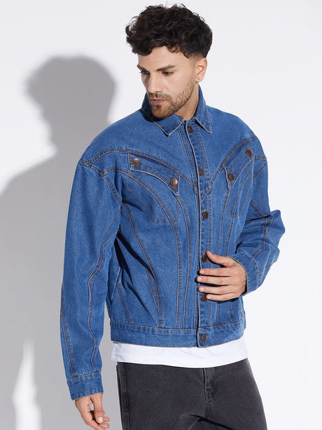 Mid Wash Wavy Panelled Oversized Denim Jacket Jackets Fugazee 