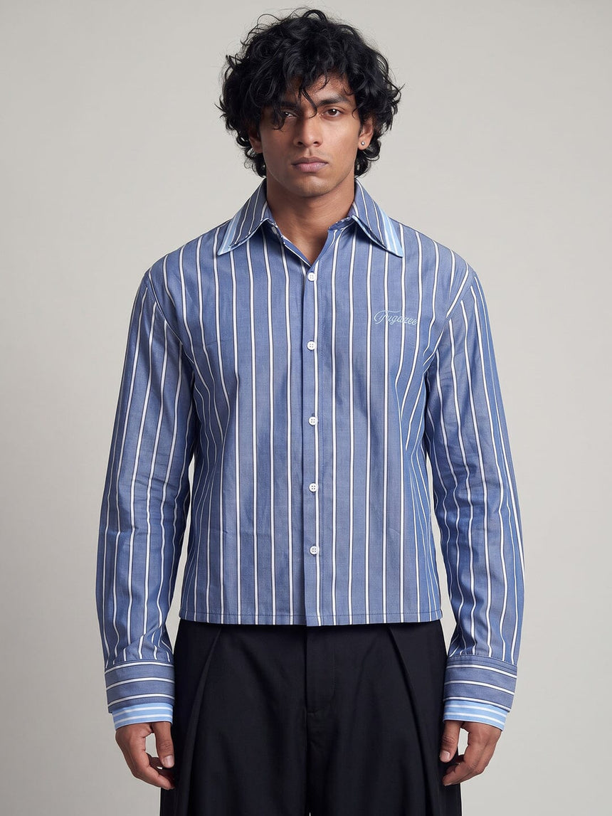 Cobalt Blue Striped Double Collared Cropped Shirt Shirts Fugazee 