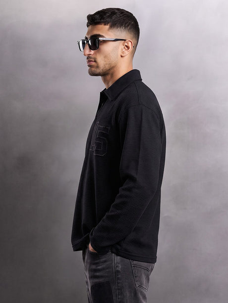 Black Textured Applique Longsleeves Polo Tshirt T-Shirts Fugazee 