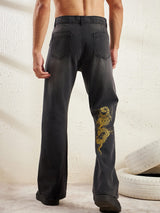 Black Dragon Embroidery Flared Denim Jeans Fugazee 