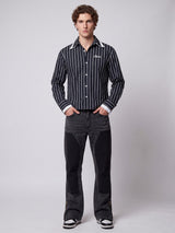 Navy Blue Striped Double Collared Cropped Shirt Shirts Fugazee 
