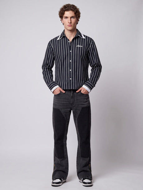 Navy Blue Striped Double Collared Cropped Shirt Shirts Fugazee 