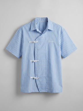 Marine Blue Striped Chinese Frog Buttoned Cropped Shirt Shirts Fugazee 