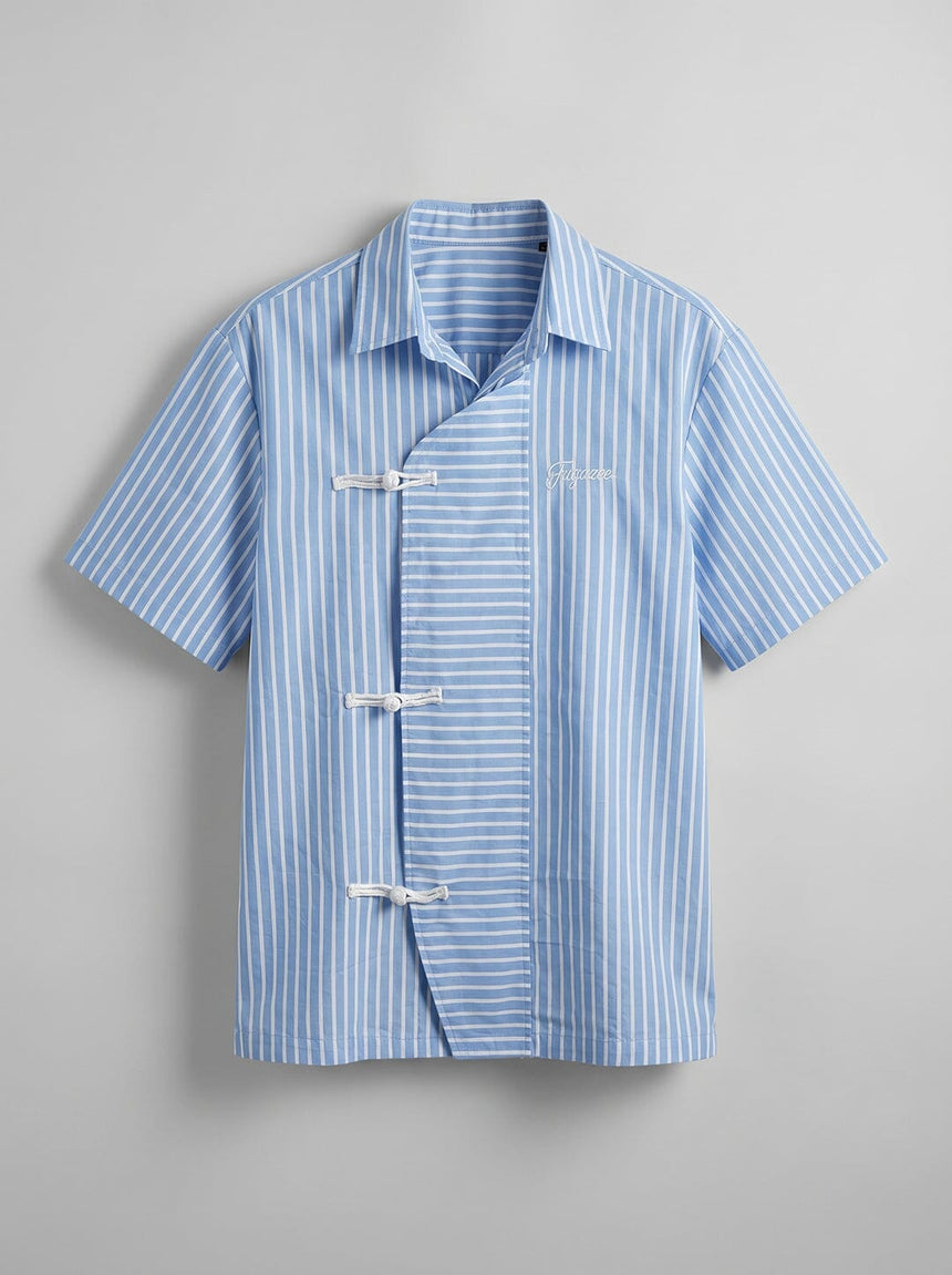 Marine Blue Striped Chinese Frog Buttoned Cropped Shirt Shirts Fugazee 