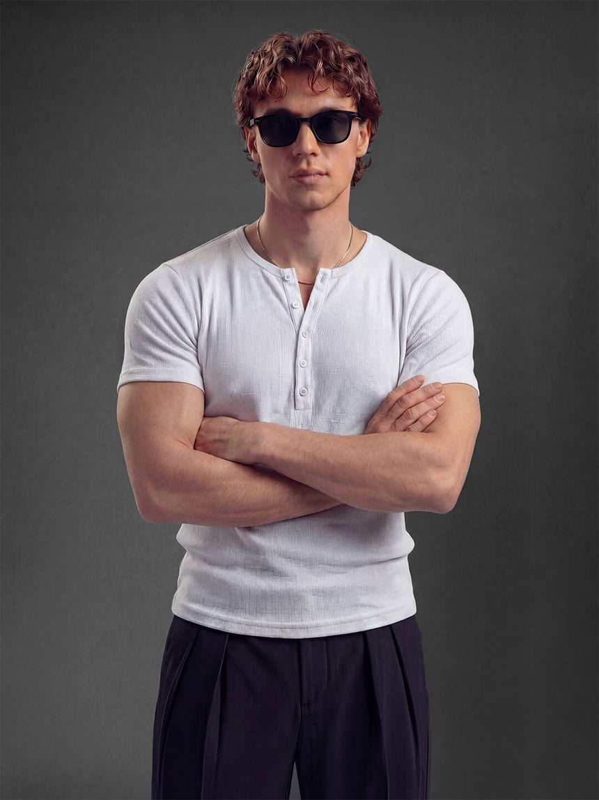 White Ribbed Henley Short Sleeves Tshirt T-Shirts Fugazee 