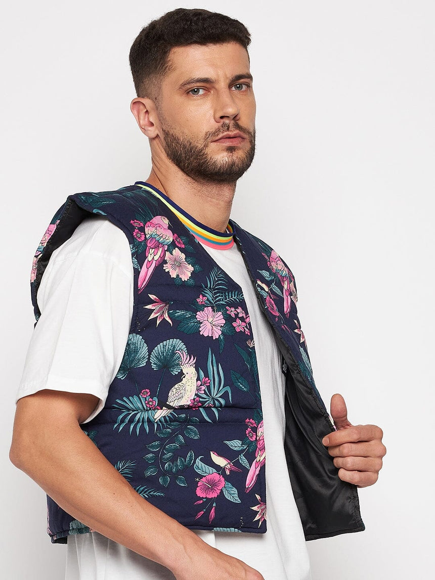 Navy Floral Print Sleeveless Puffer Jacket Jackets Fugazee 