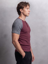 Grey And Maroon Ribbed Raglan Short Sleeve Henley Tshirt T-Shirts Fugazee 