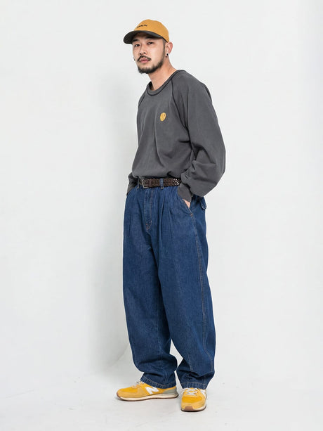 Indigo Pleated Barrel Fit Denim Jeans Fugazee 
