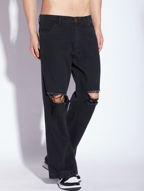 Black Knee Ripped Flared Denim Jeans Fugazee 