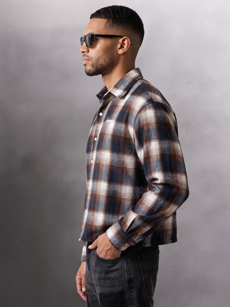 Brown & Navy Checkered Flannel Cropped Shirt Shirts Fugazee 