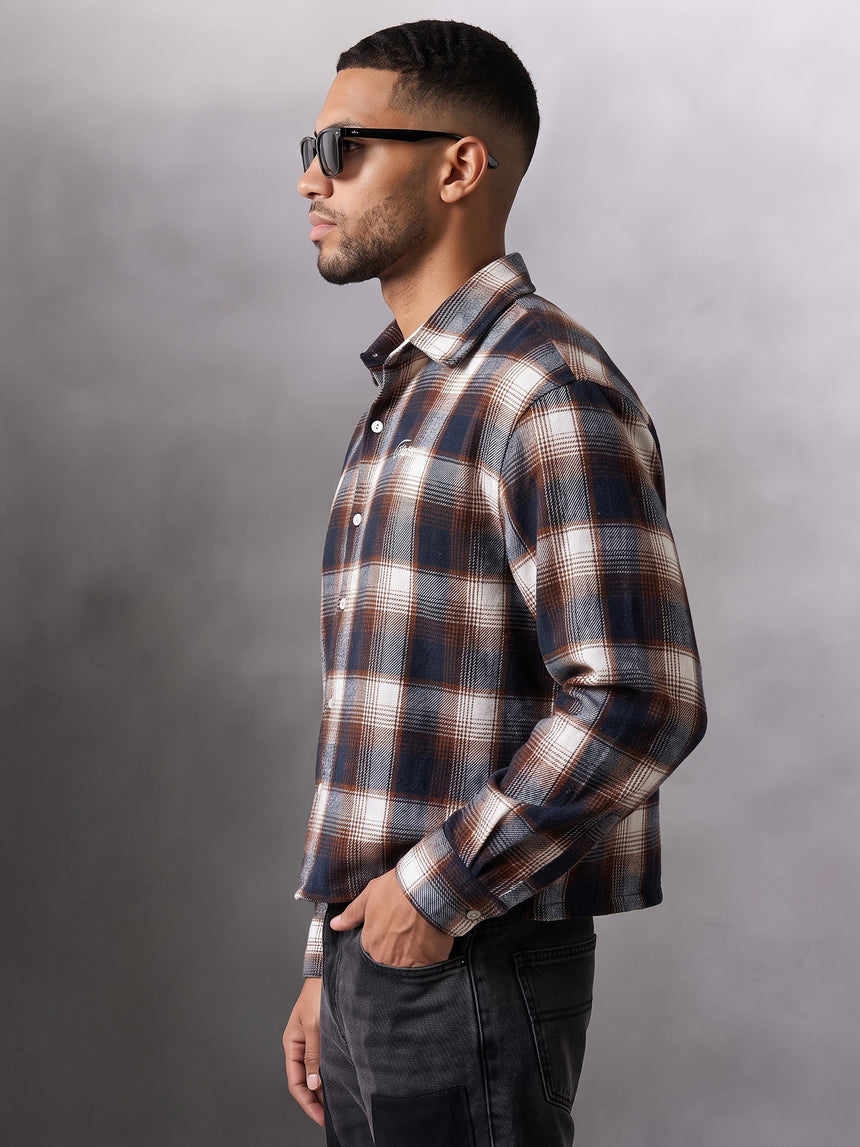 Brown & Navy Checkered Flannel Cropped Shirt Shirts Fugazee 
