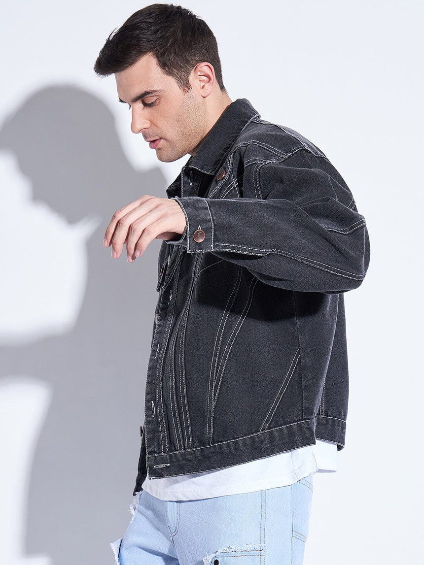 Black Wavy Panel Denim Jacket Jackets Fugazee 