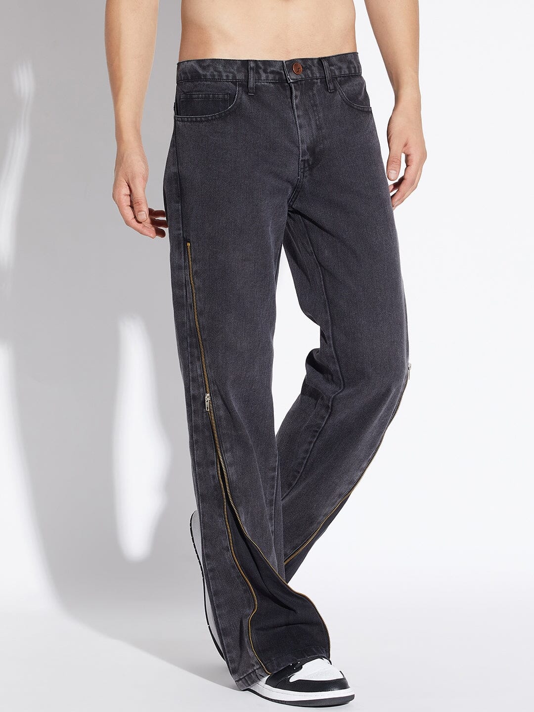 Black Zipped Adjustable Flared Denim | Buy Baggy Jeans | Fugazee