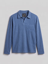 Blue Washed Textured Applique Longsleeve Polo Tshirt T-Shirts Fugazee 