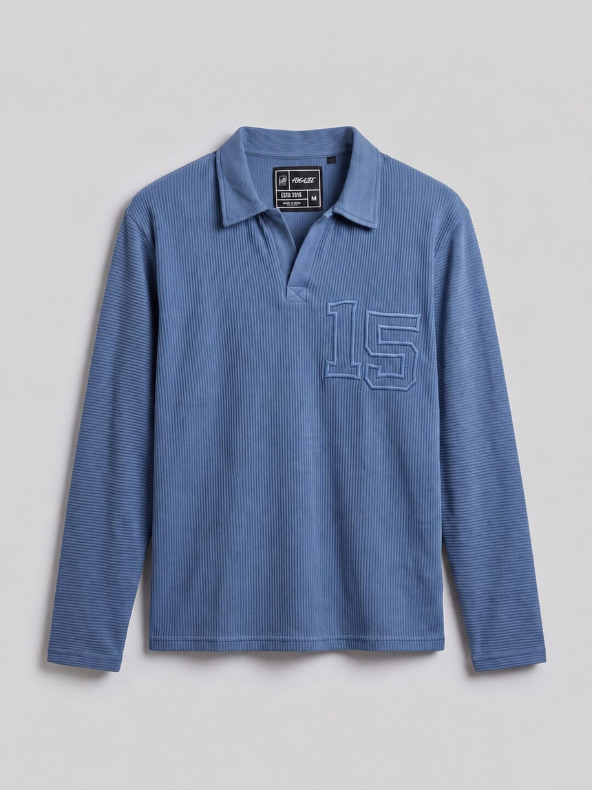 Blue Washed Textured Applique Longsleeve Polo Tshirt T-Shirts Fugazee 