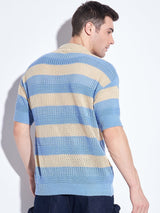 Blue & Beige Striped Crochet Shirt Shirts Fugazee 