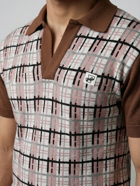 Brown Checkered Knitted Polo Tshirt T-Shirts Fugazee 
