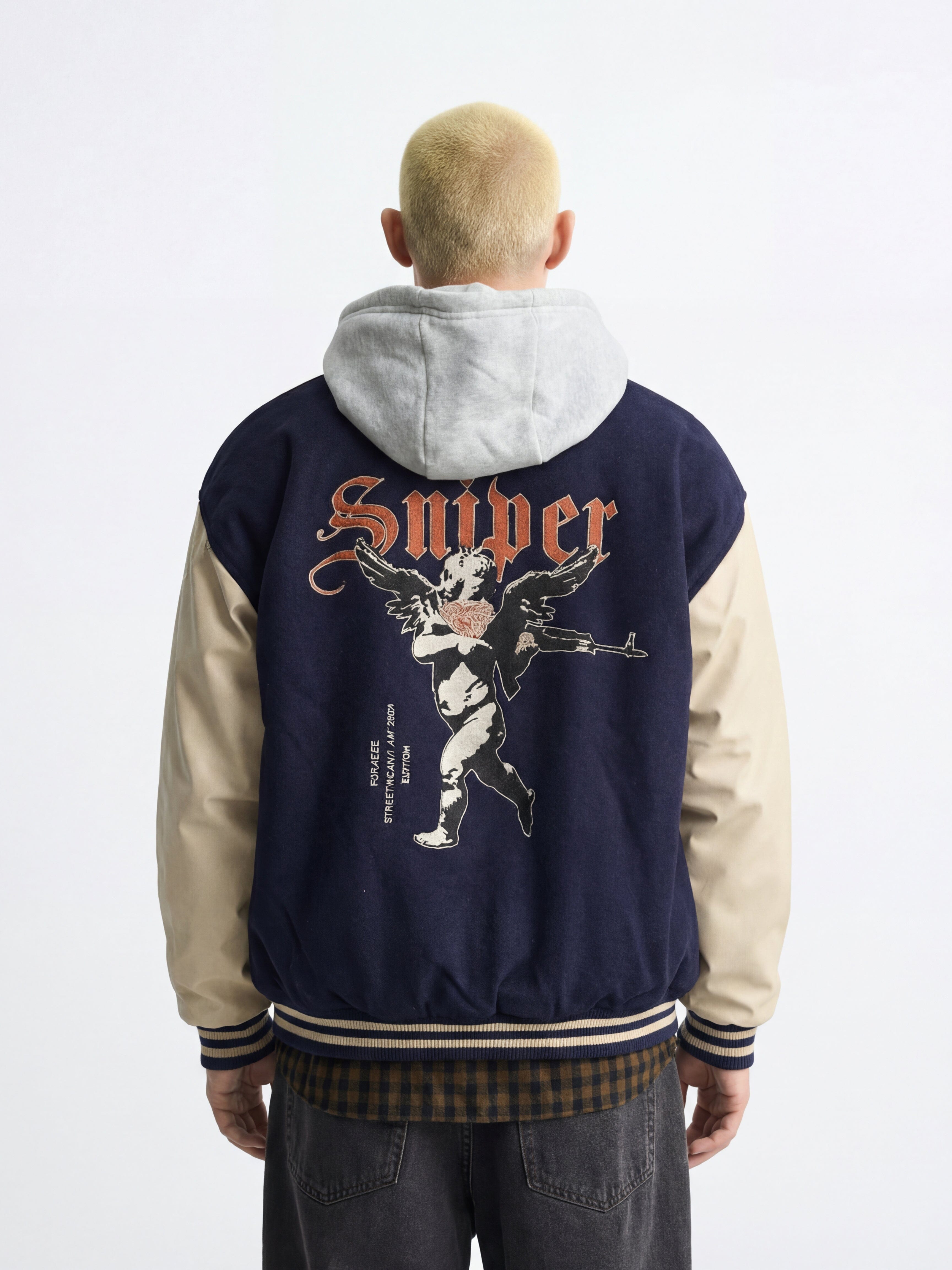 Navy Cupid Sniper Hooded Varsity Jacket | Buy Men Jacket | Fugazee
