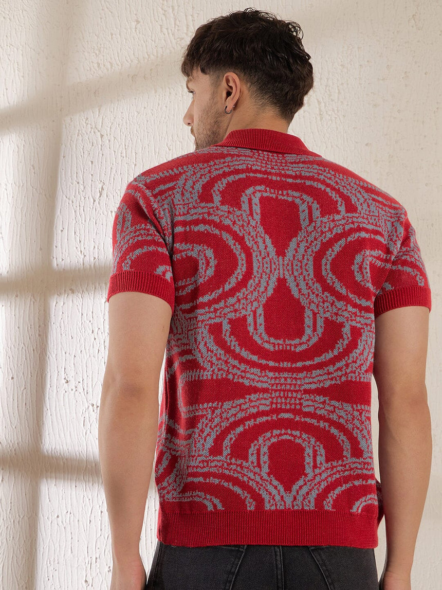 Red Abstract Knitted Polo Tshirt T-shirts Fugazee 