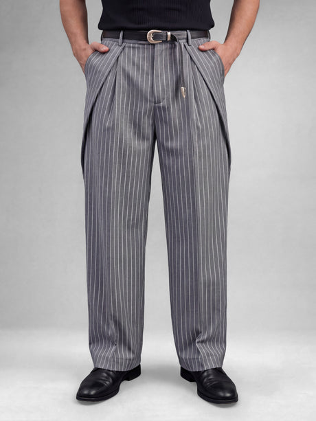 Grey Striped Pleated Korean Pants Trousers Fugazee 