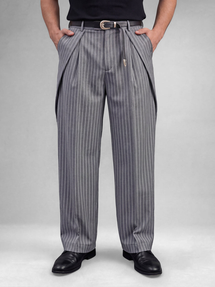 Grey Striped Pleated Korean Pants Trousers Fugazee 