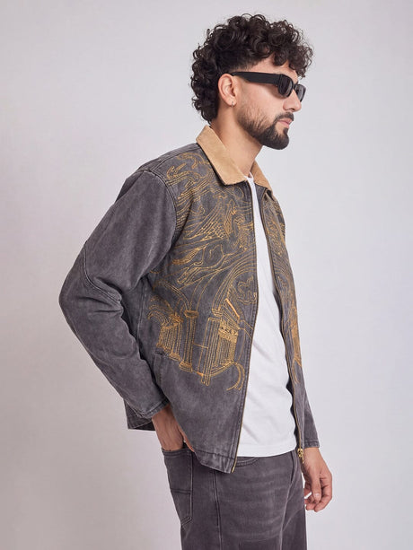 Grey Denim Embroidered Harrington Jacket Jackets Fugazee 