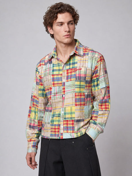 Multicolour Patchwork Plaid Cropped Shirt Shirts Fugazee 