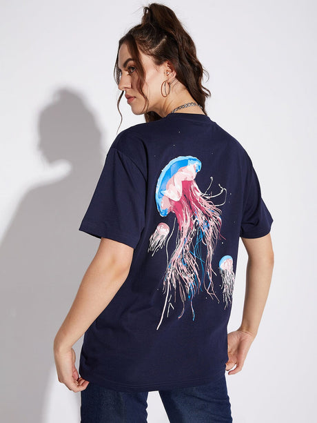 Navy Jelly Fish Graphic Unisex Oversized Tshirt T-shirts Fugazee 