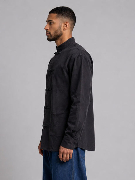 Black Mandarin Frog Buttoned Longline Shirt Shirts Fugazee 