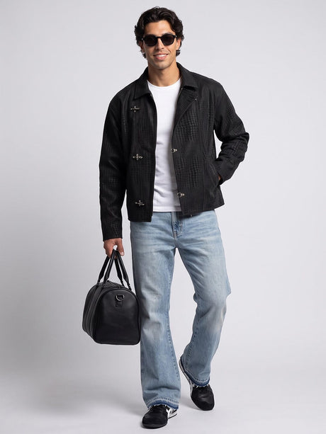 Black Croc Textured Fireman Clasp Harrington Jacket Jackets Fugazee 
