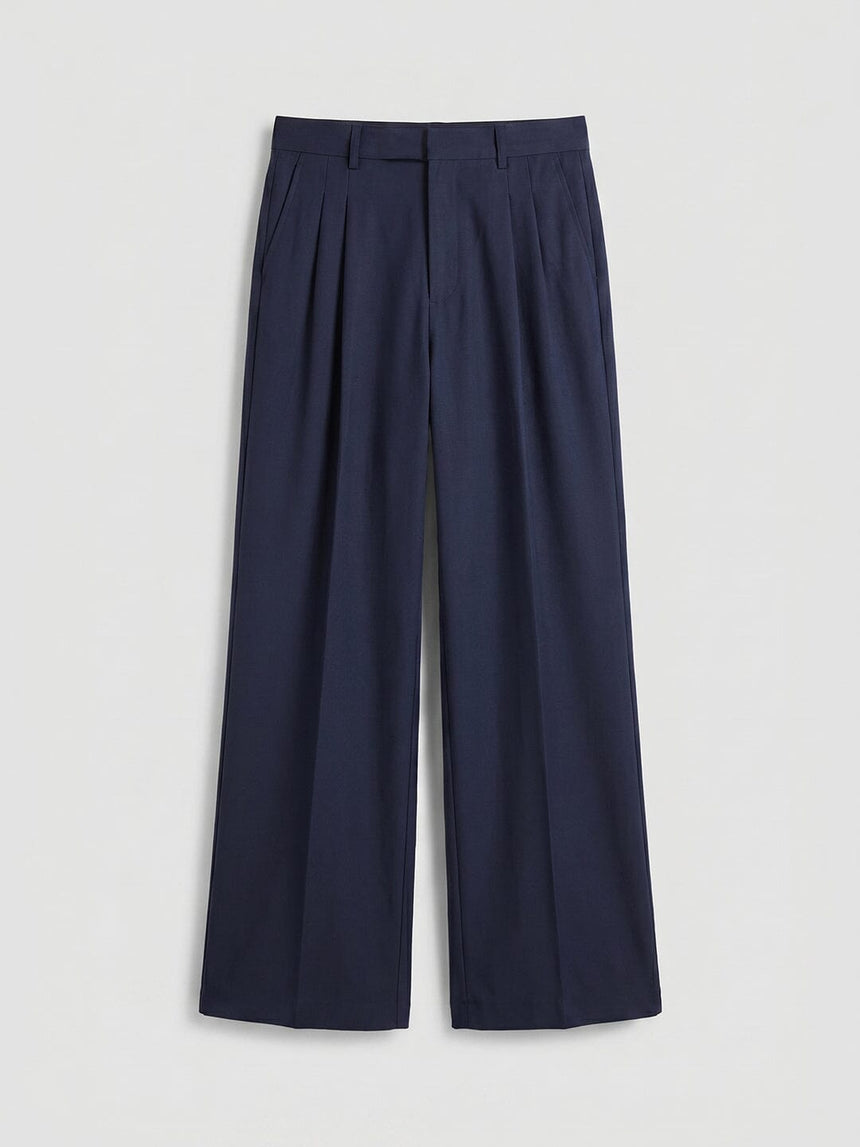Navy Wide Leg Pleated Trousers Trousers Fugazee 