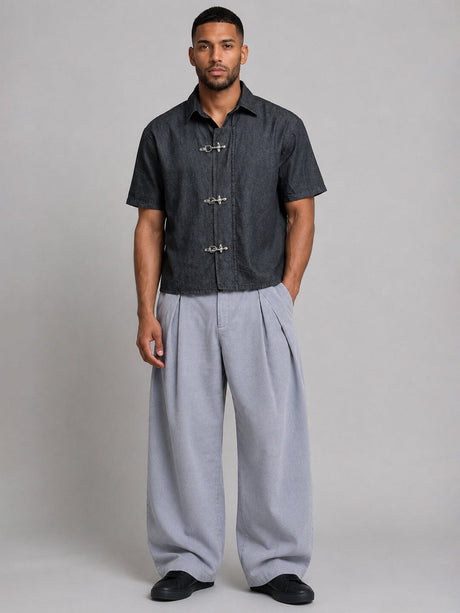 Black Fireman Clasp Boxy Denim Shirt Shirts Fugazee 
