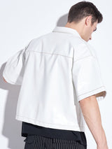 White Pu Contrast Stitch Cropped Shacket Shirts Fugazee 