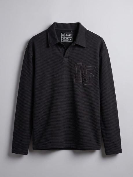 Black Textured Applique Longsleeves Polo Tshirt T-Shirts Fugazee 