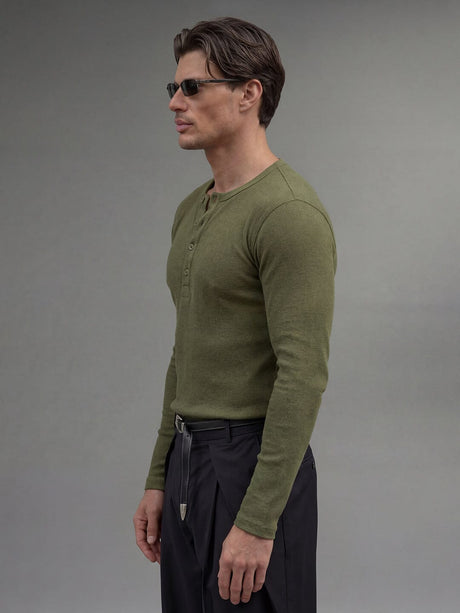 Olive Ribbed Henley Longsleeves Tshirt T-Shirts Fugazee 