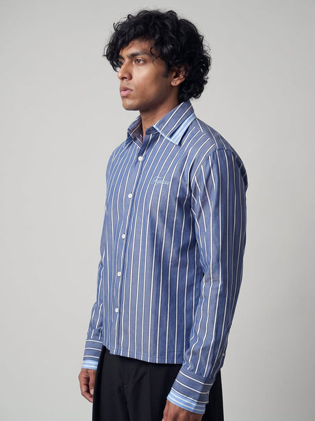 Cobalt Blue Striped Double Collared Cropped Shirt Shirts Fugazee 