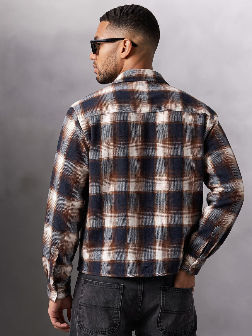 Brown & Navy Checkered Flannel Cropped Shirt Shirts Fugazee 