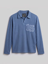 Blue Washed Textured Applique Longsleeve Polo Tshirt T-Shirts Fugazee 