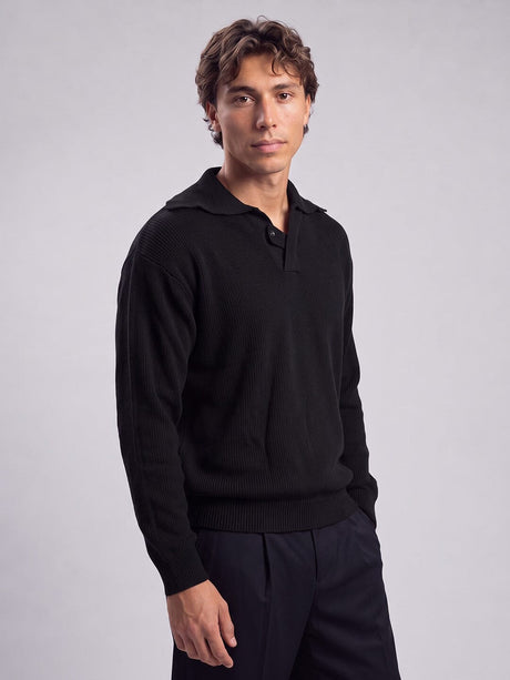 Black Heavy Knit Polo Sweater Sweaters Fugazee 