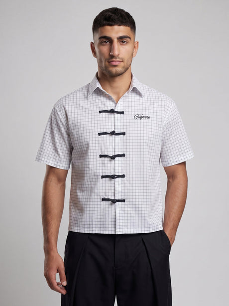 White Grid Checks Frog Knot Cropped Shirt Shirts Fugazee 