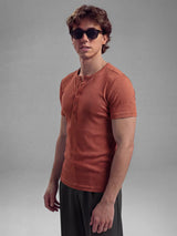 Rust Ribbed Henley Short Sleeves Tshirt T-Shirts Fugazee 