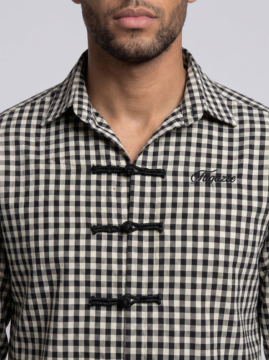 Black Checkered Frog Knot Buttoned Cropped Shirt Shirts Fugazee 