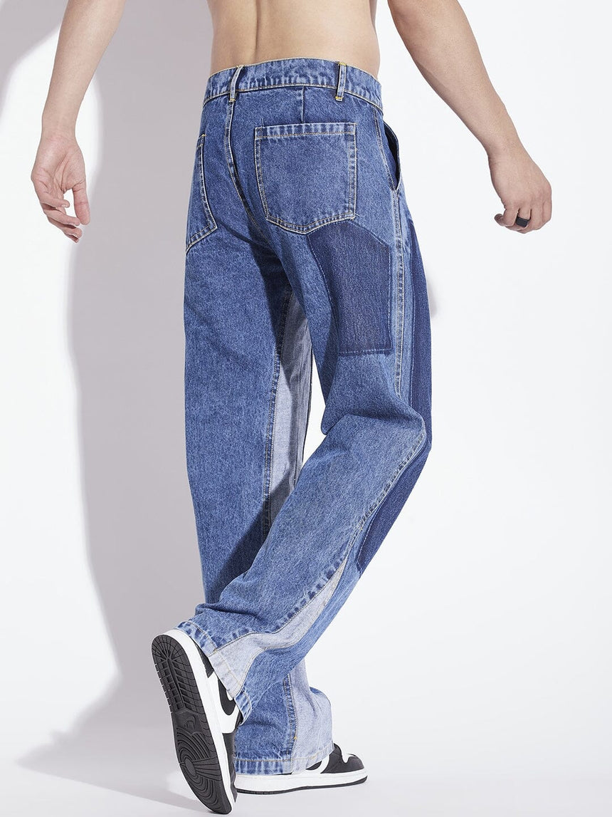 Mid Blue Contrast Panel Flared Denim Jeans Fugazee 