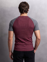 Grey And Maroon Ribbed Raglan Short Sleeve Henley Tshirt T-Shirts Fugazee 