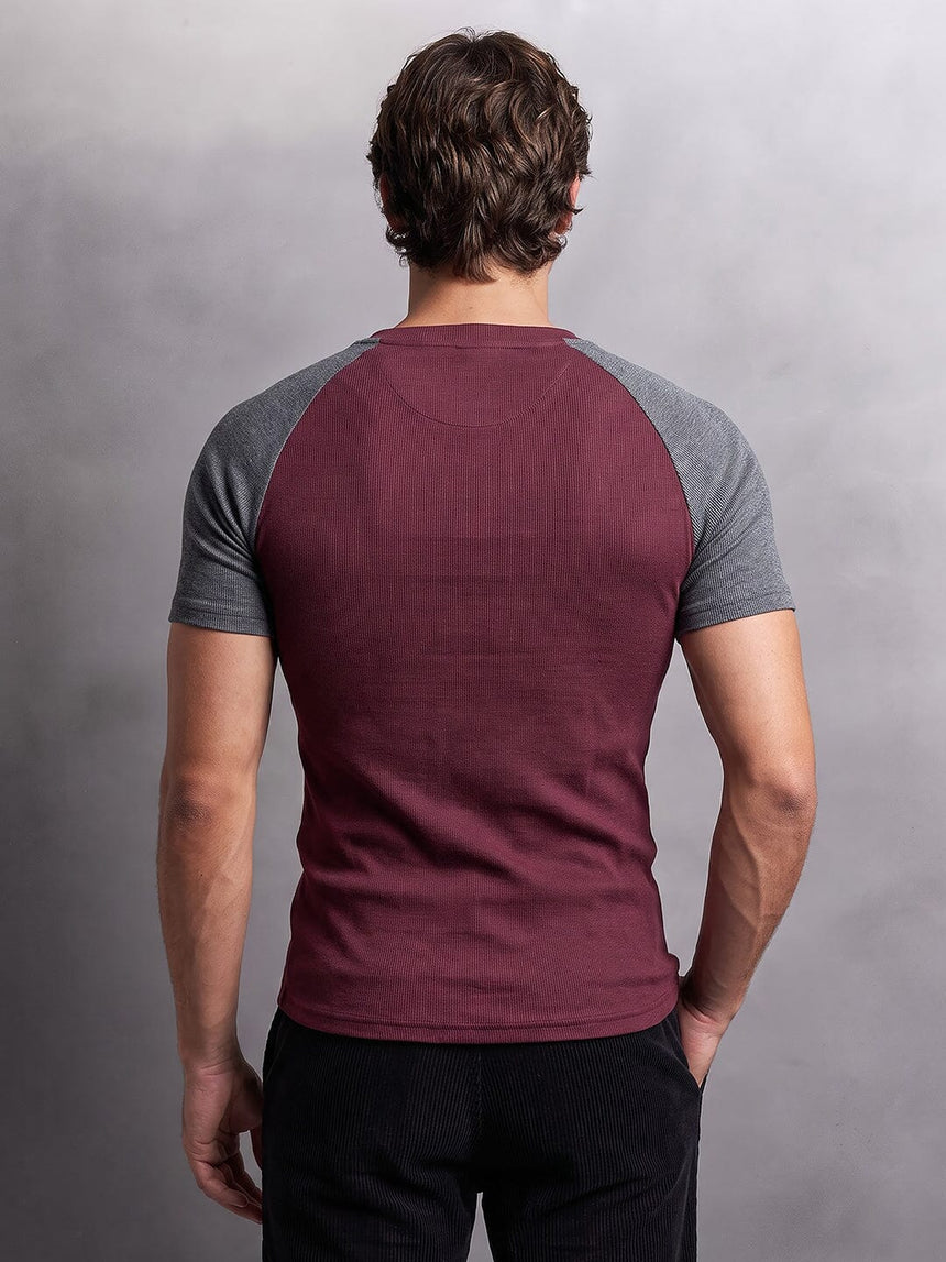 Grey And Maroon Ribbed Raglan Short Sleeve Henley Tshirt T-Shirts Fugazee 
