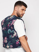 Navy Floral Print Sleeveless Puffer Jacket Jackets Fugazee 