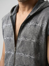 Acid Wash Embroidery Zipped Sleeveless Hooded Tshirt T-Shirts Fugazee 
