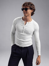 White Ribbed Henley Longsleeves Tshirt T-Shirts Fugazee 