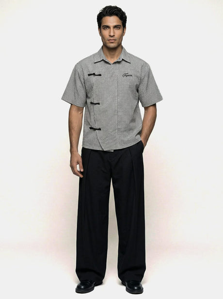 Black Checkered Chinese Frog Buttoned Cropped Shirt Shirts Fugazee 